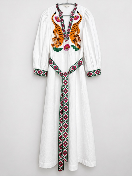 Boden Dresses & Skirts - Boden Octavia Tiger Embroidery Linen Blend Maxi Dress Size 10R White